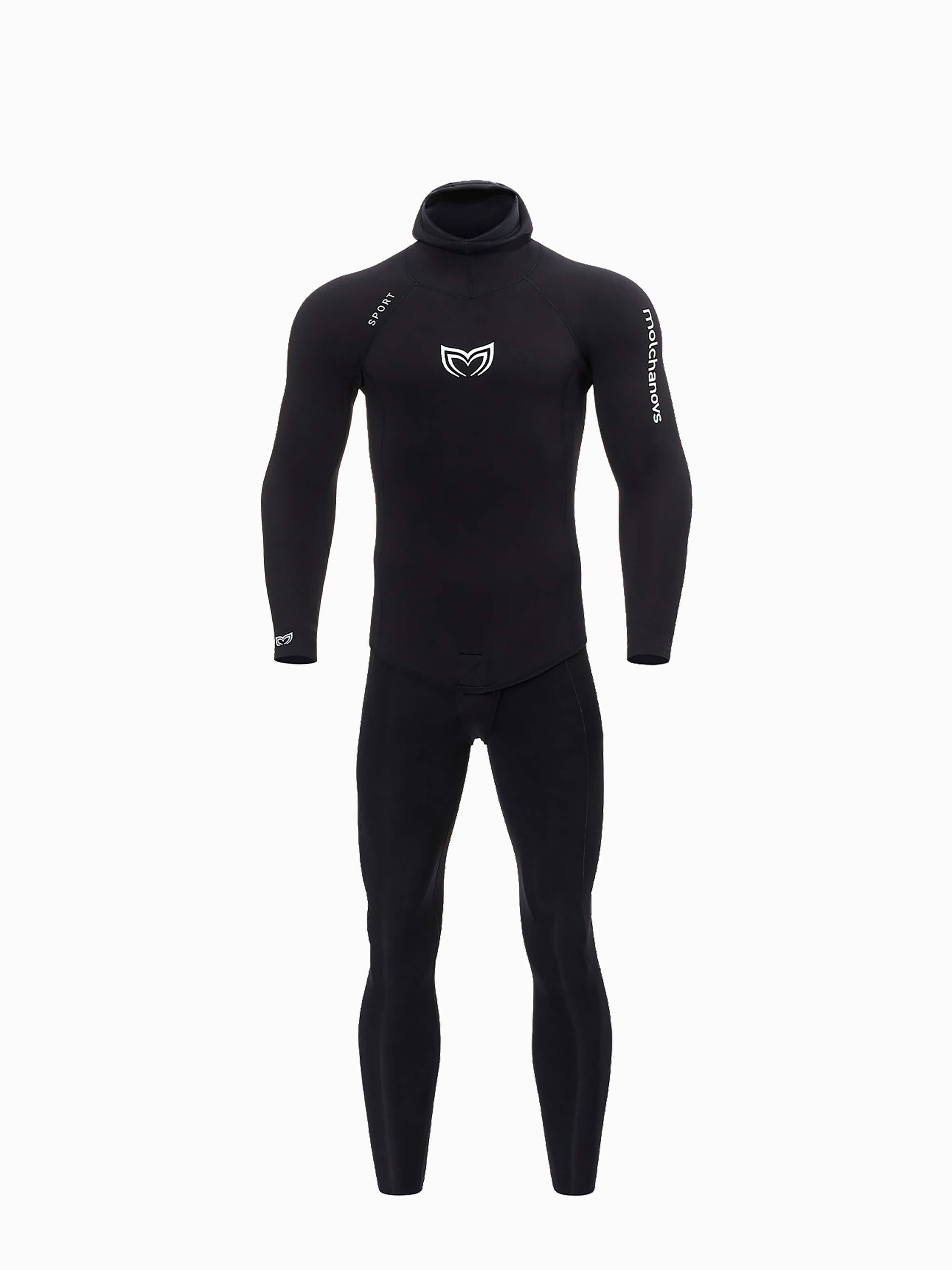 Front image of a 5mm double lined mens wetsuit in black. Also available in 2.5mm thickness.