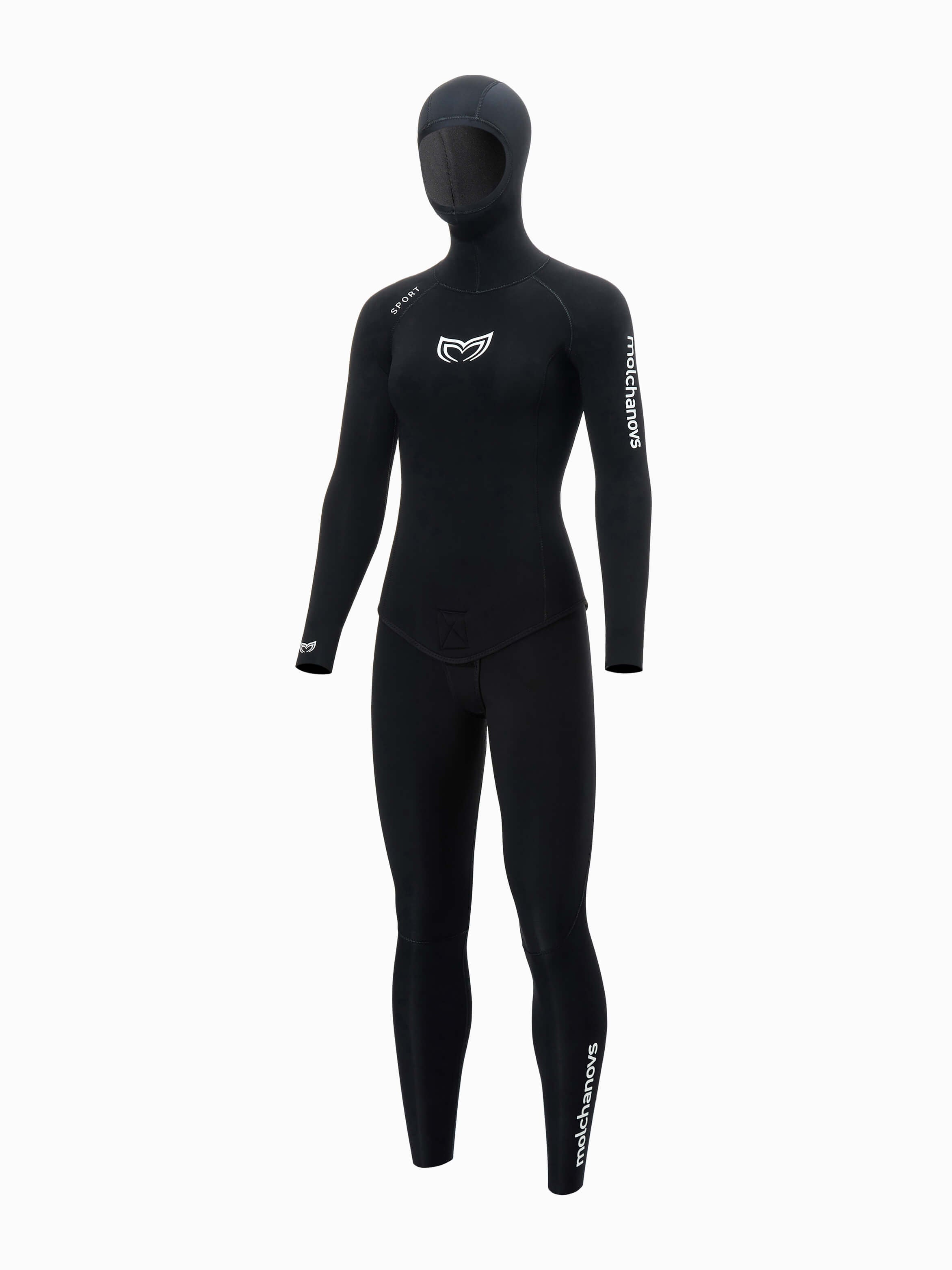 Front angle view of Molchanovs SPORT Open Cell interior with lined outer women's wetsuit in 3mm and 5mm