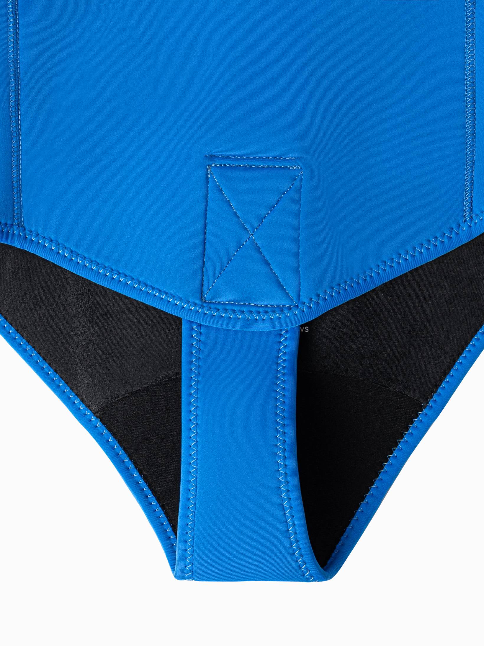 Blue 5mm mens freediving wetsuit - durable velcro closure stitching viewed from the outside of the double lined wetsuit.