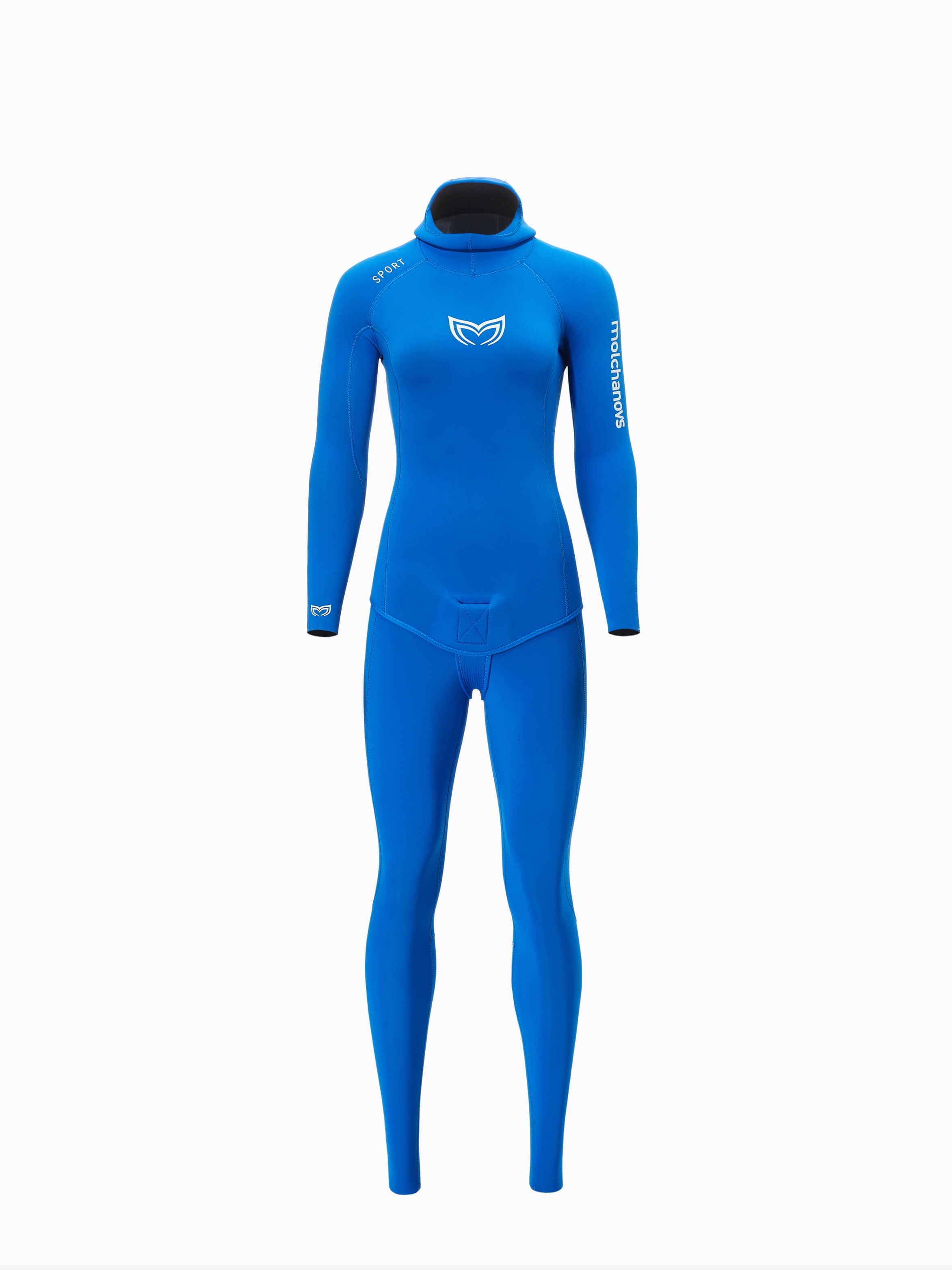 Front image of a 4.5mm double lined womens wetsuit in blue. Also available in 2.5mm thickness.