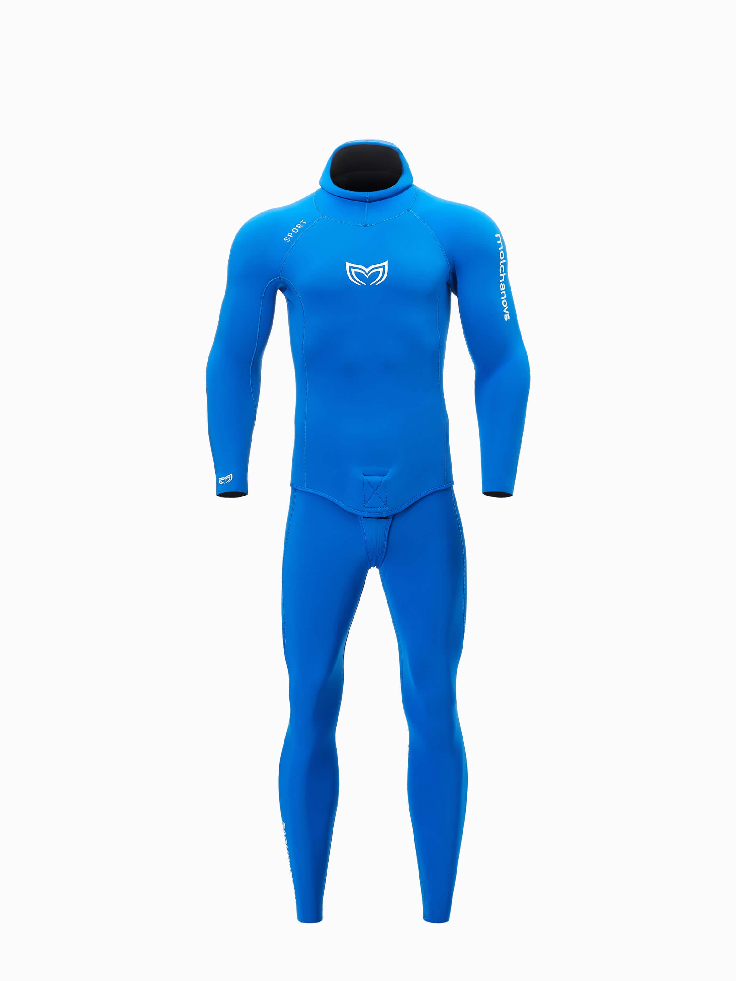A front view of a mens open cell wetsuit in blue