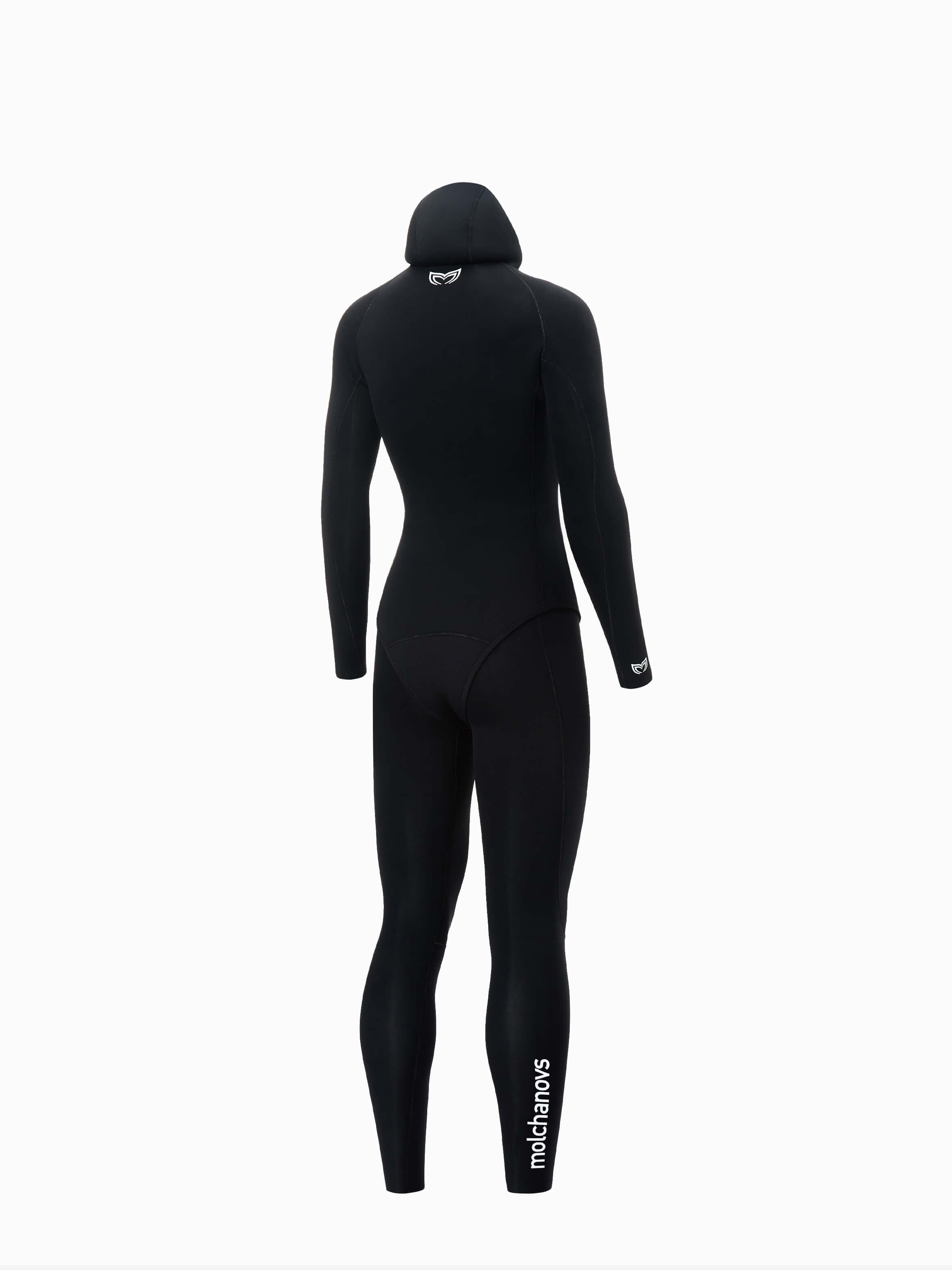 Angled back image of a 4.5mm double lined womens wetsuit in black. 