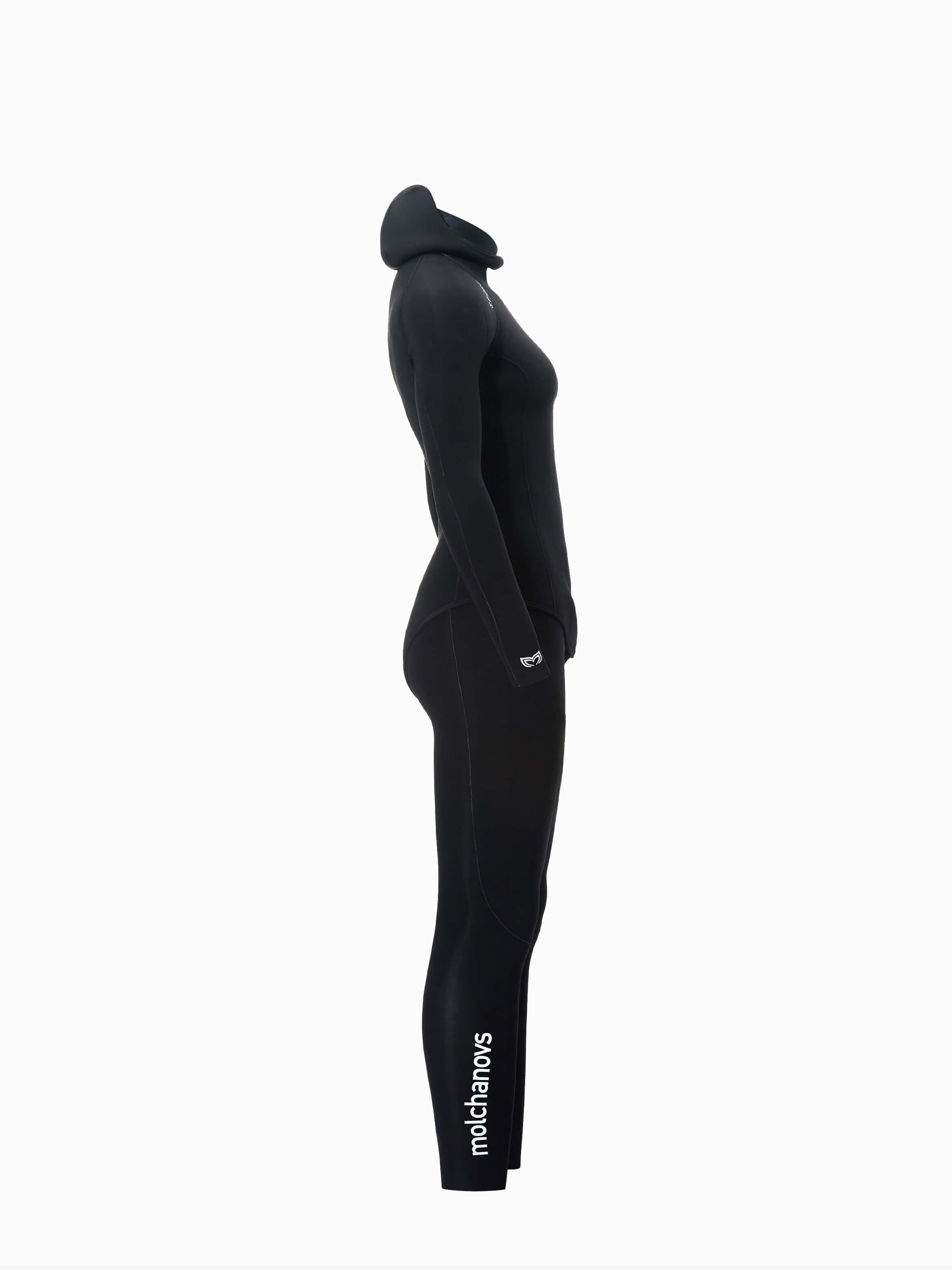 Angled back image of a 4.5mm double lined womens wetsuit in black. 