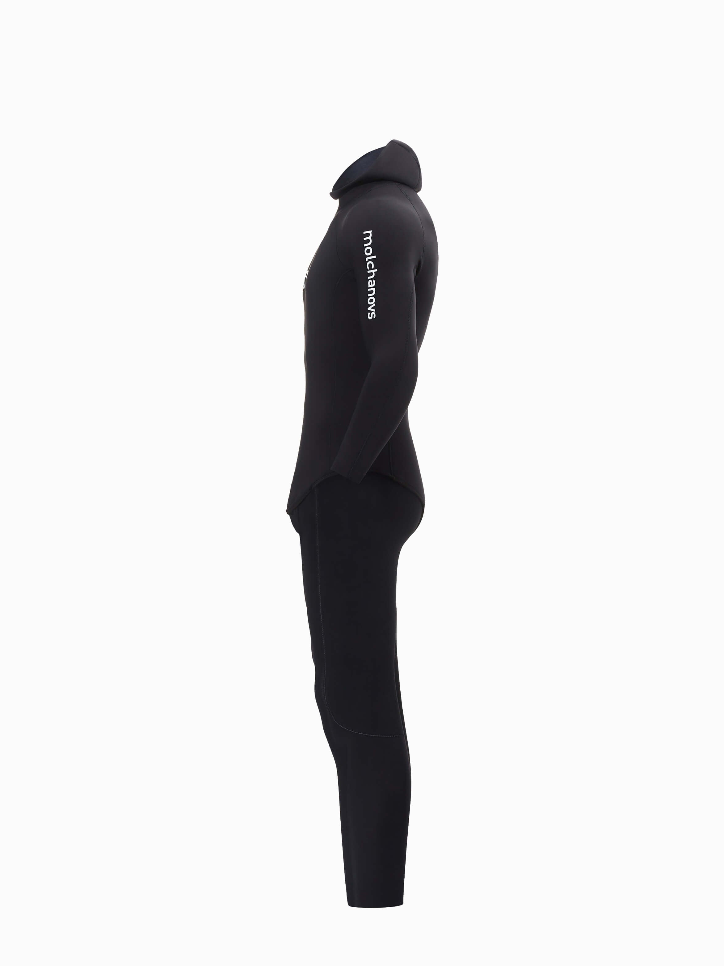Angled back image of a 5mm double lined mens wetsuit in black. 