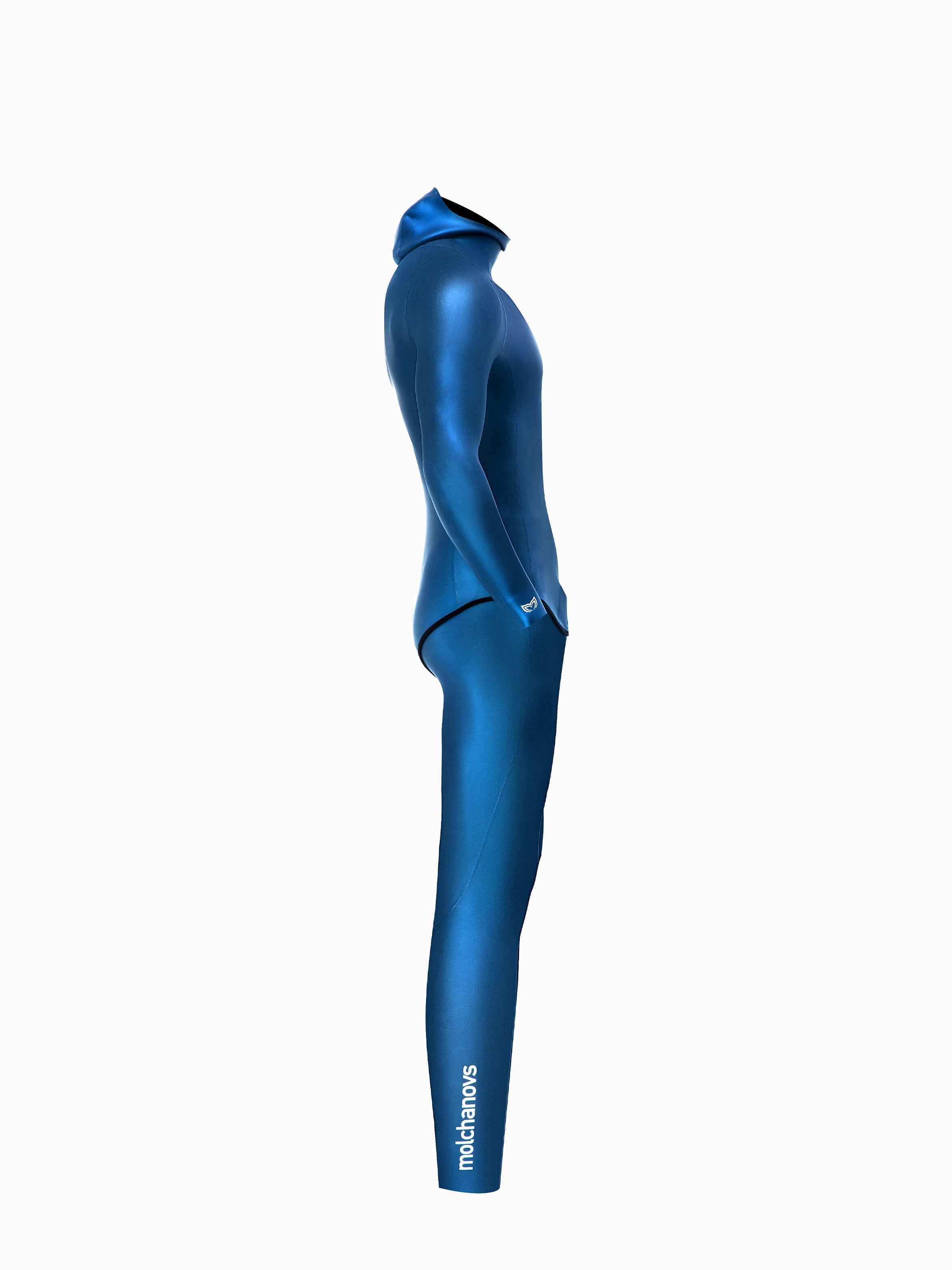 Side view of a blue 1.5mm smooth wetsuit design for male freediving competitors