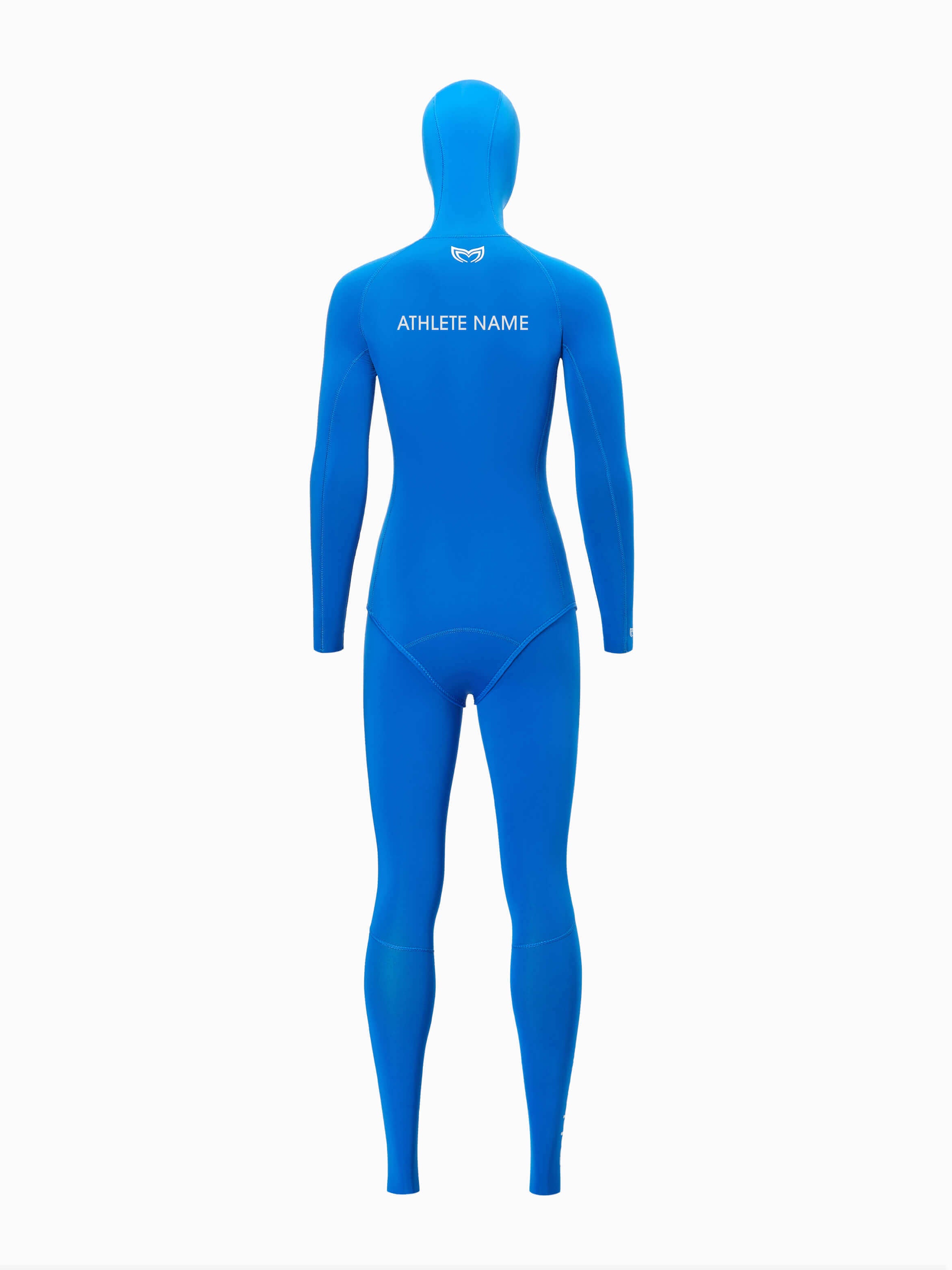 Back shot of a blue 4mm womens wetsuit showing where the Athletes name can be printed when choosing custom wetsuit options. 