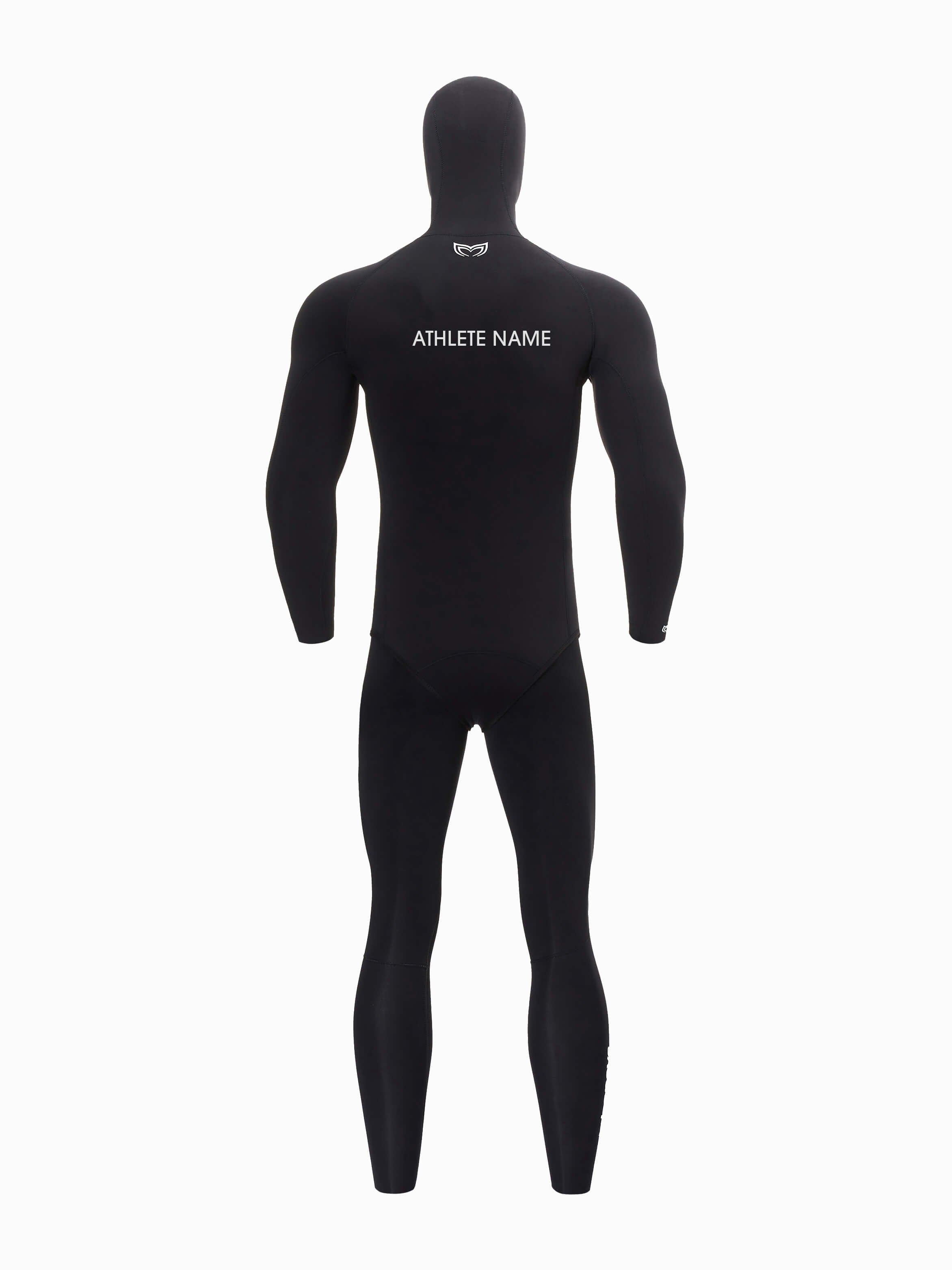 Back shot of a black 5mm mens wetsuit showing where the Athletes name can be printed when choosing custom wetsuit options. 