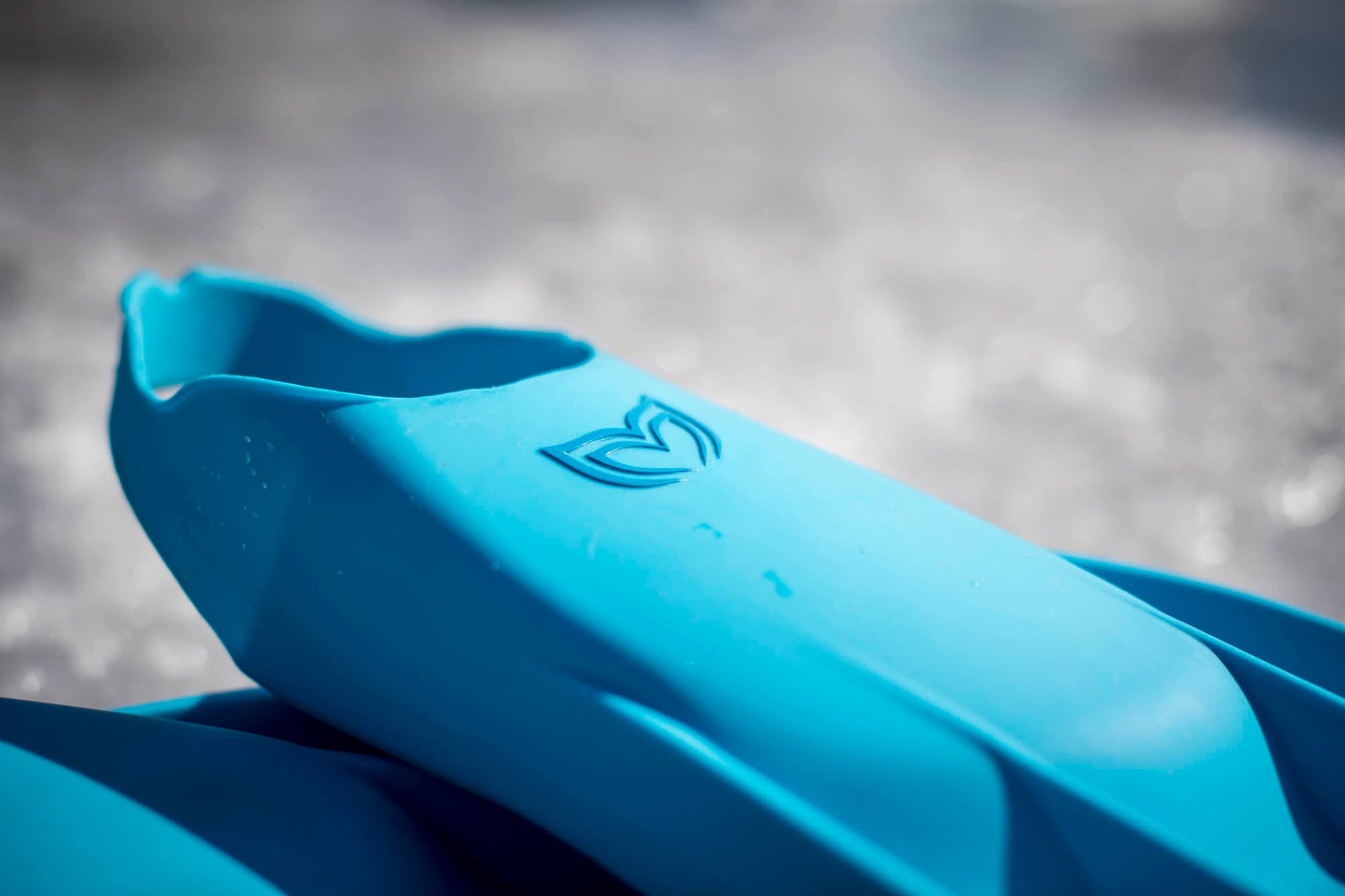 Detail of the blue CORE Silicone bifin with Molchanovs logo