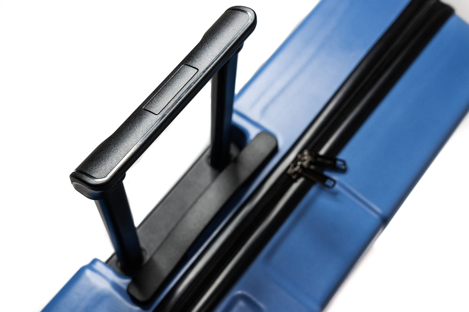 Close up of black handle on blue Hard Case 